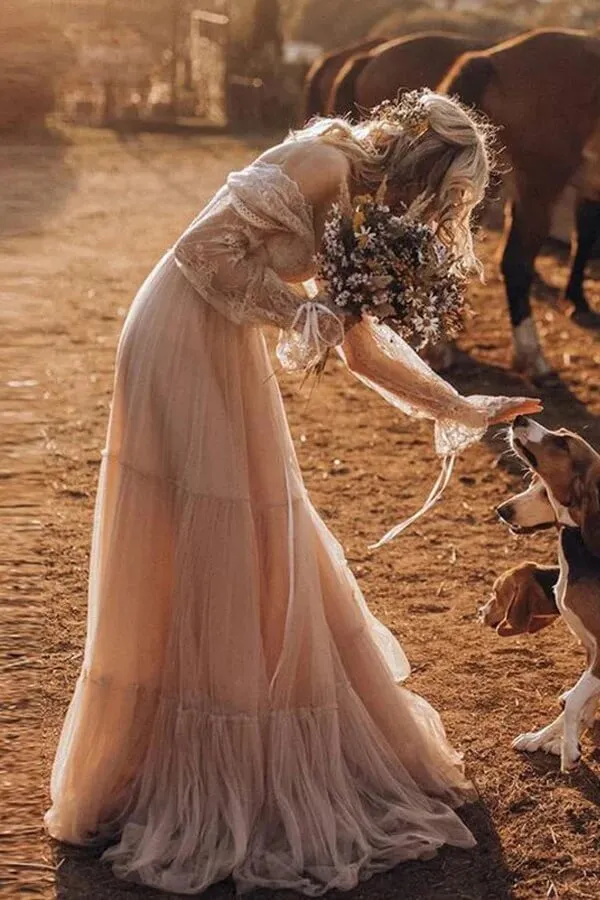 Light Brown Tulle A-line Long Sleeves Boho Rustic Wedding Dresses, MW1041