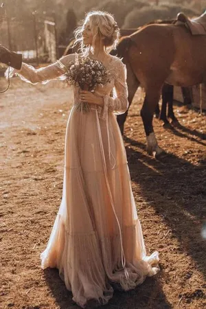 Light Brown Tulle A-line Long Sleeves Boho Rustic Wedding Dresses, MW1041