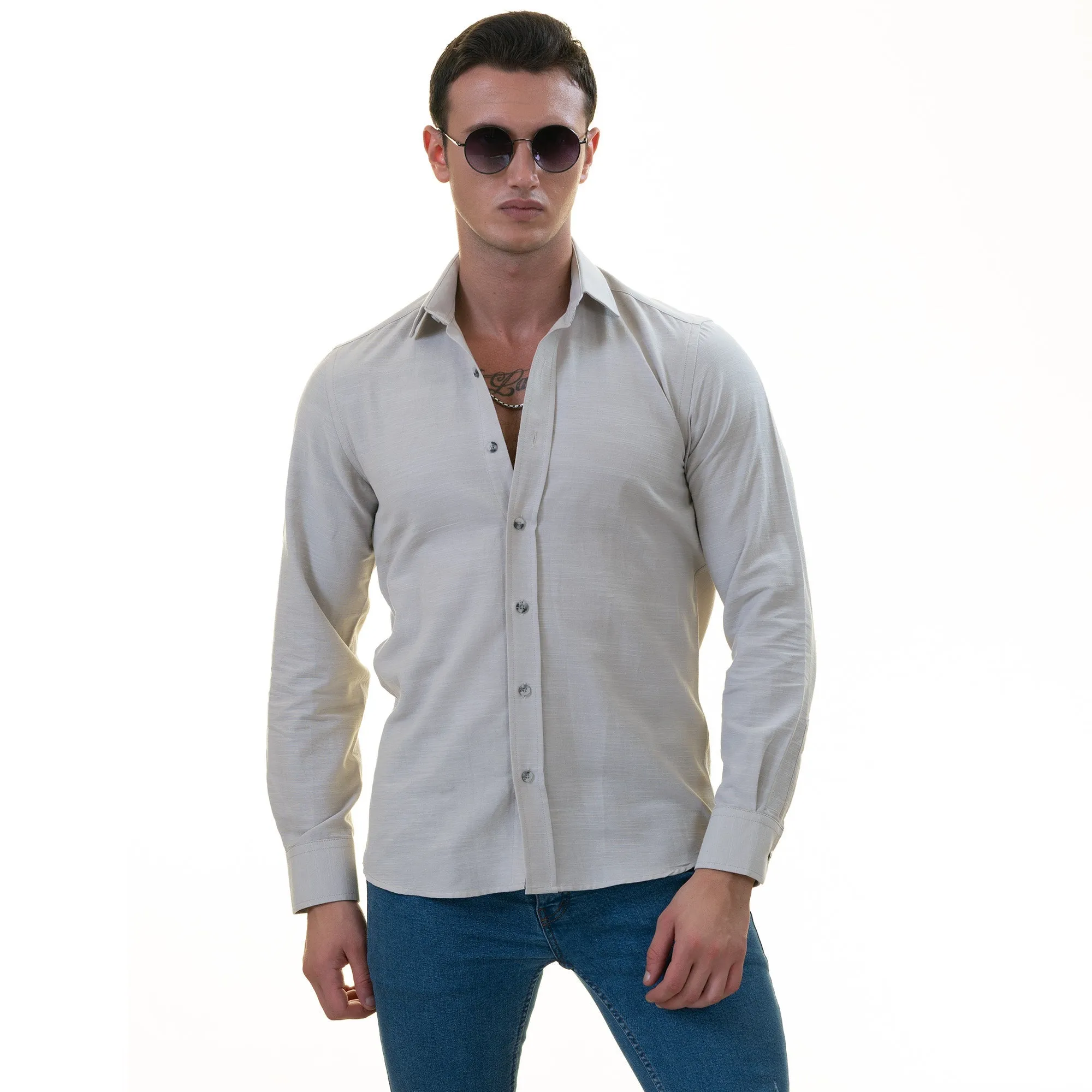 Light Gray Luxury Men's Tailor Fit Button Up European Made Linen