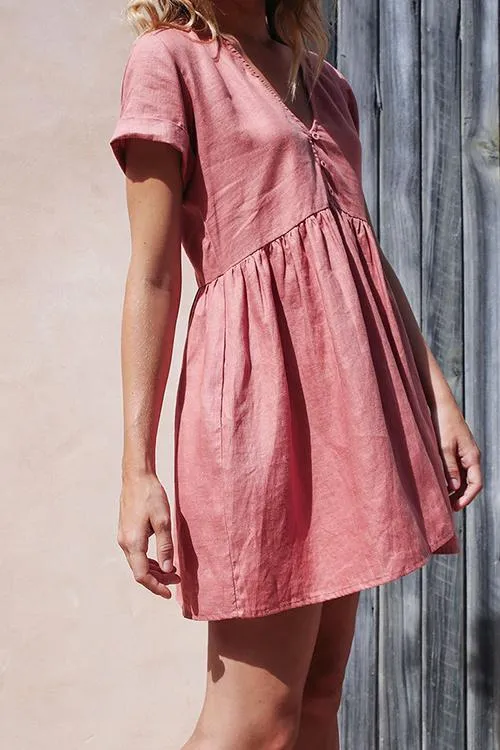 Linen V Neck Pockets Mini Dress