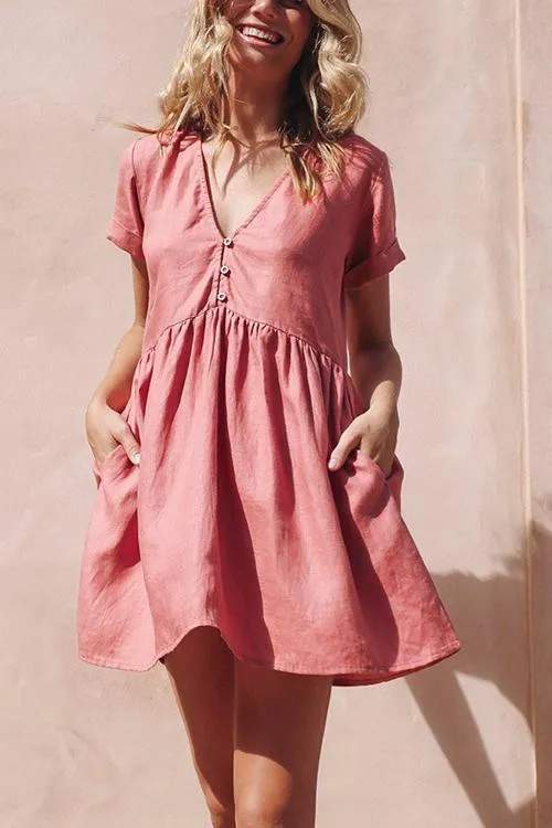 Linen V Neck Pockets Mini Dress