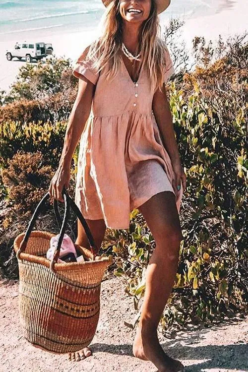 Linen V Neck Pockets Mini Dress