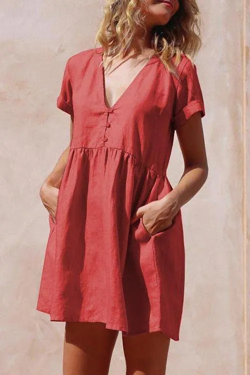 Linen V Neck Pockets Mini Dress