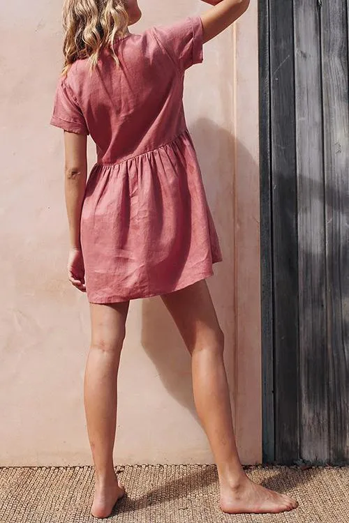 Linen V Neck Pockets Mini Dress