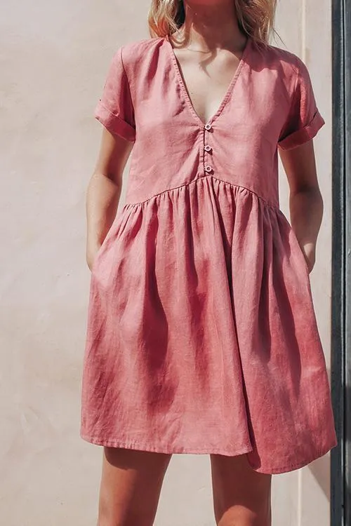 Linen V Neck Pockets Mini Dress