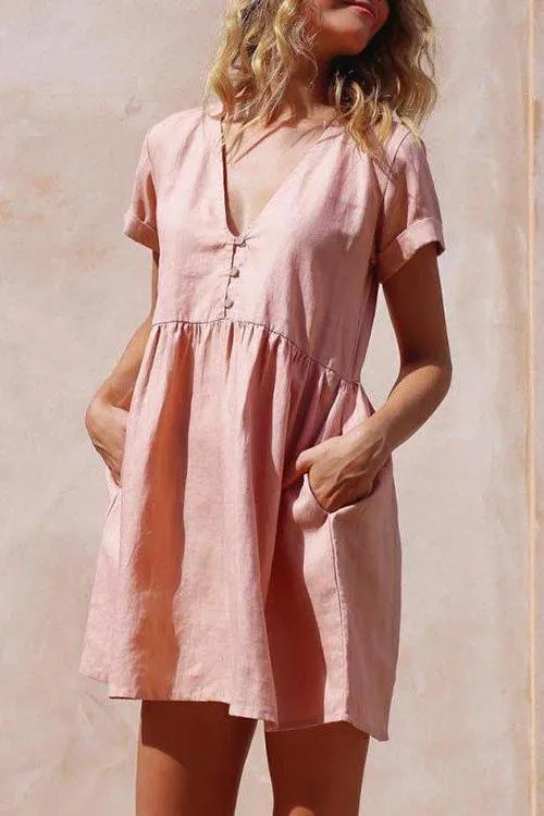 Linen V Neck Pockets Mini Dress