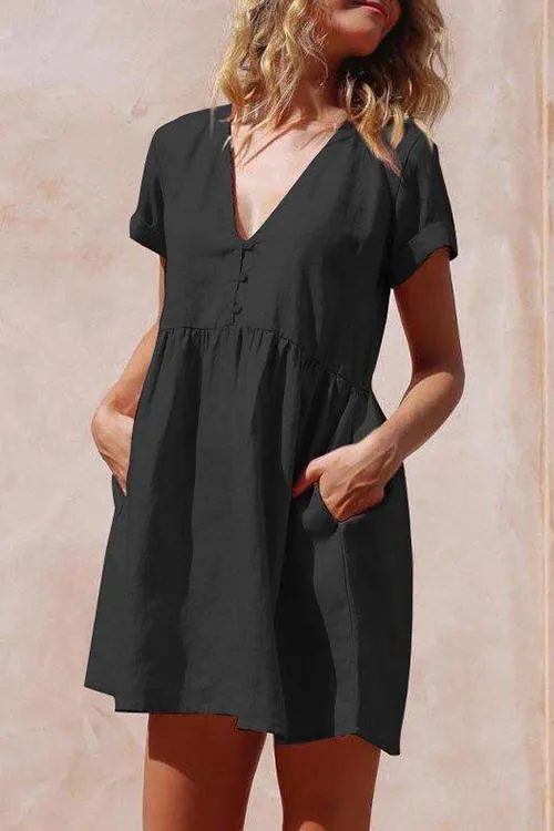 Linen V Neck Pockets Mini Dress
