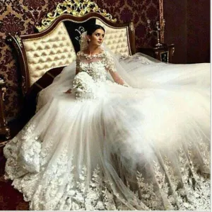 long sleeve wedding dress ball gown lace applique princess ivory wedding gown bridal dress 2020