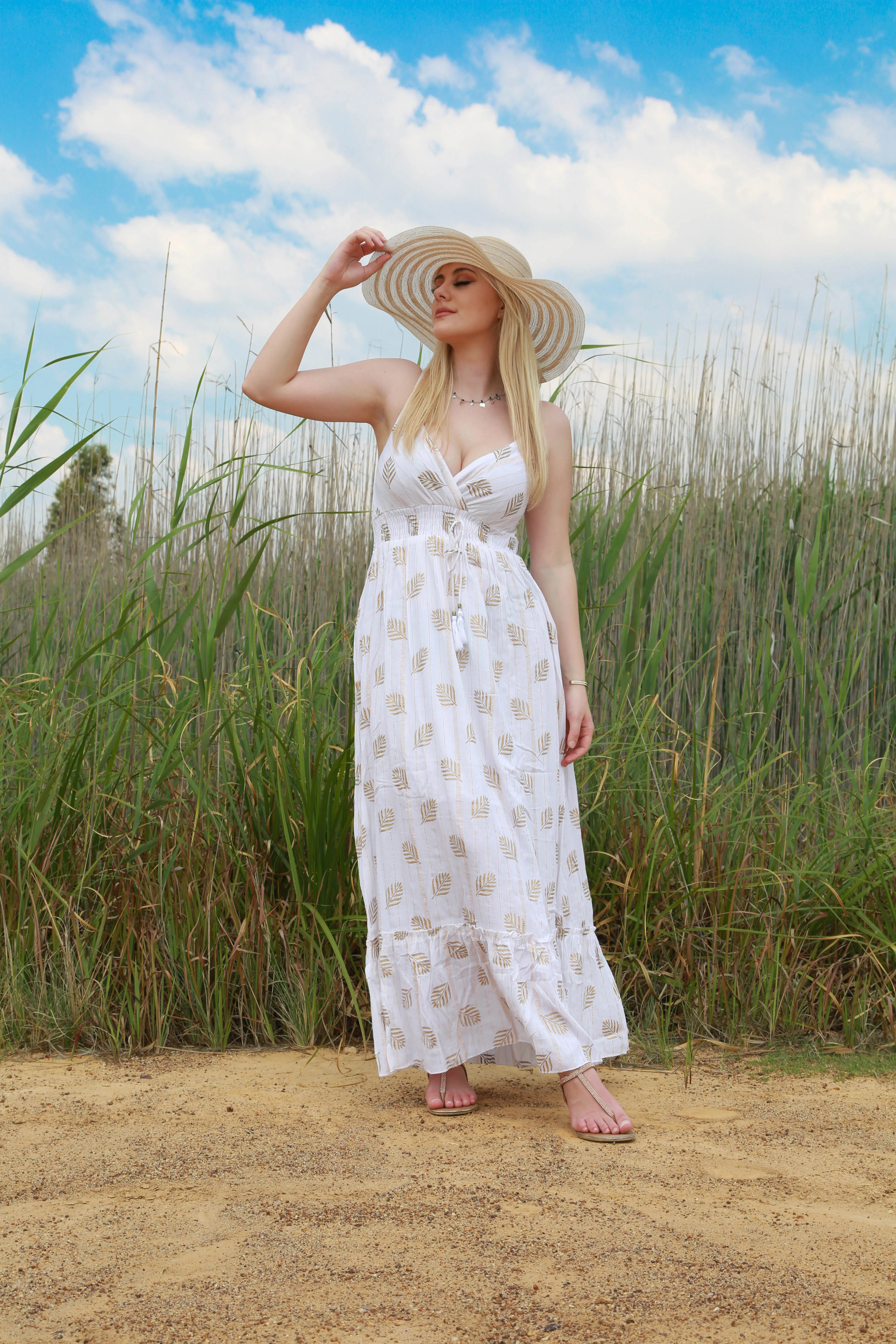Maxi Spaghetti dress with gold Lurex - Cream