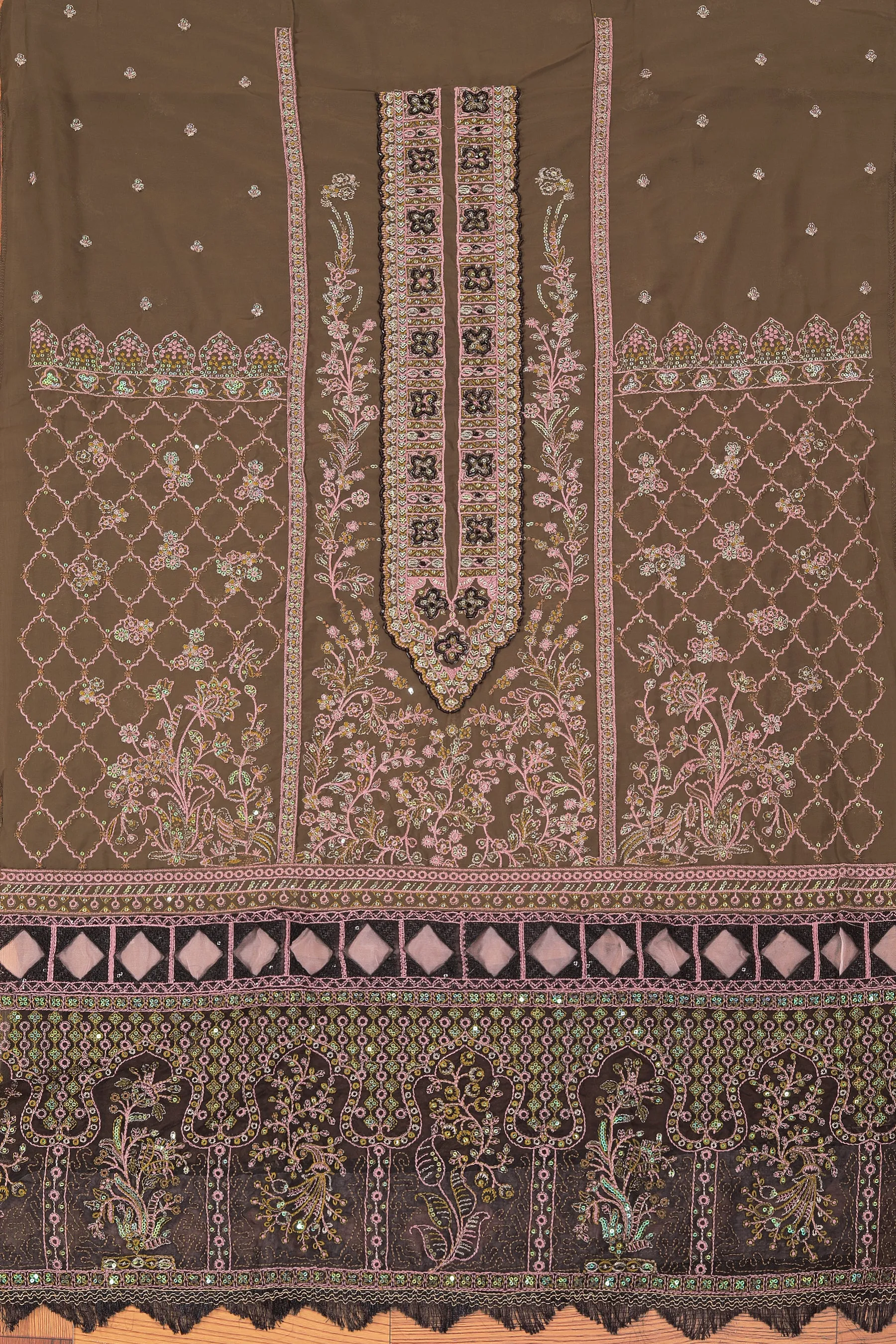 Mehndi Sequin Embroidered Poly Georgette Dress Material with Dupatta