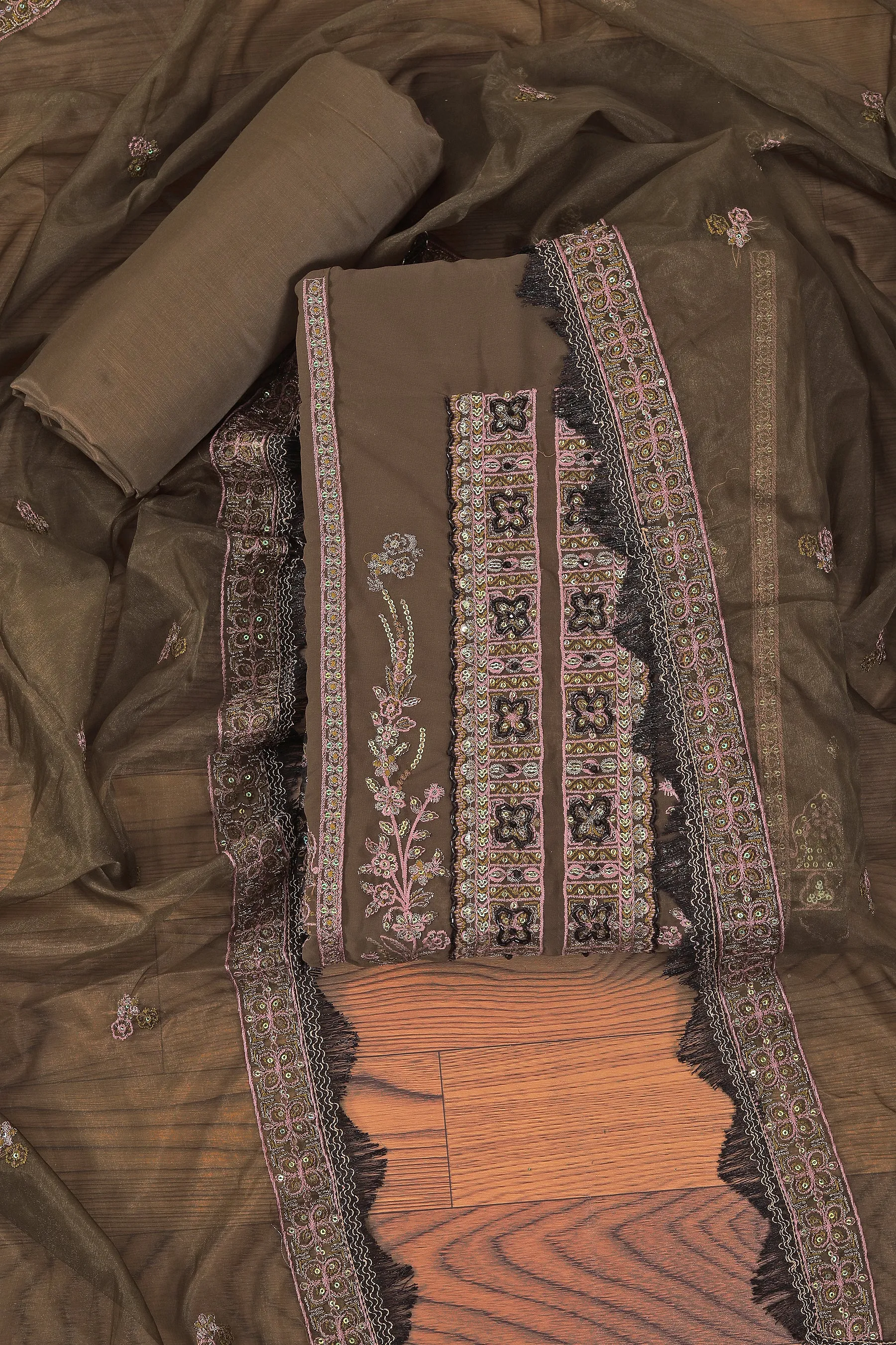 Mehndi Sequin Embroidered Poly Georgette Dress Material with Dupatta