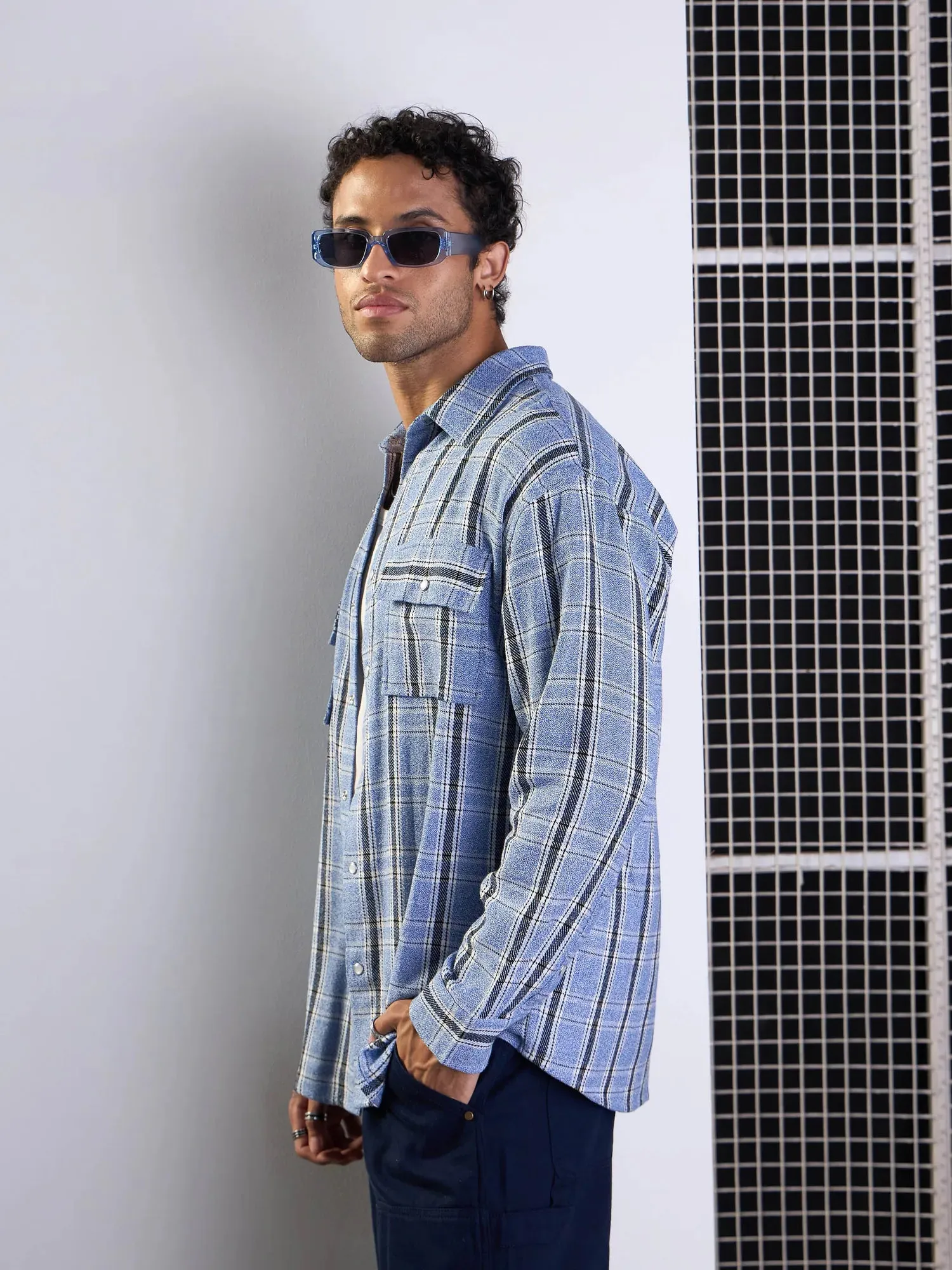Men Blue & White Check Flap Pocket Oversize Shirt-MSSHRT20497