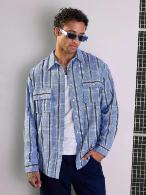 Men Blue & White Check Flap Pocket Oversize Shirt-MSSHRT20497