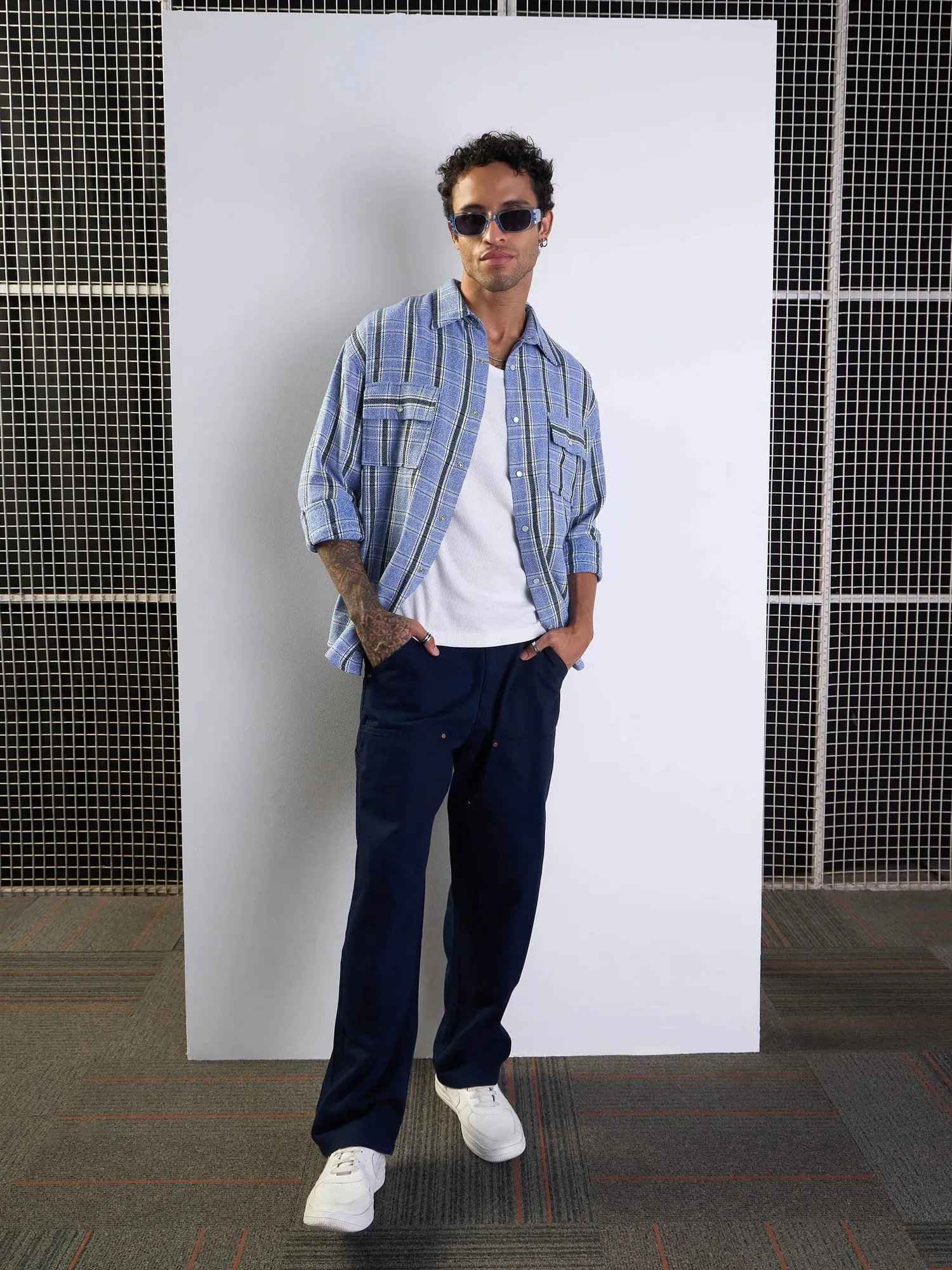 Men Blue & White Check Flap Pocket Oversize Shirt-MSSHRT20497