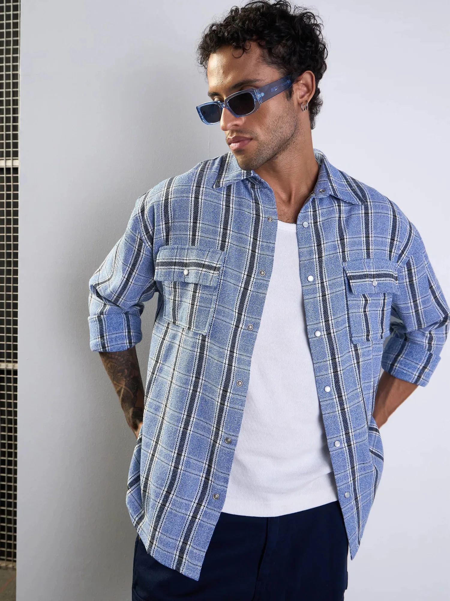 Men Blue & White Check Flap Pocket Oversize Shirt-MSSHRT20497