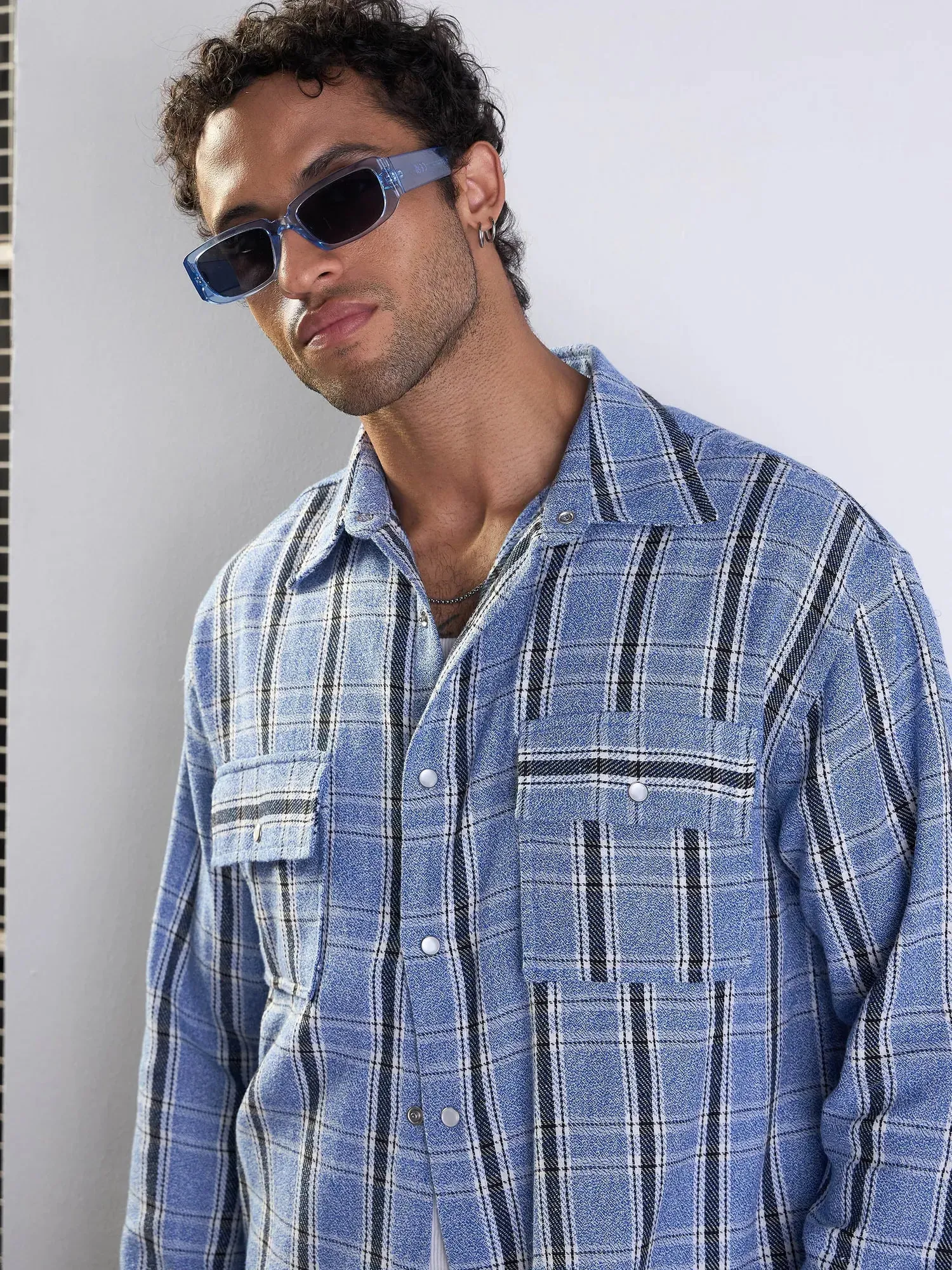 Men Blue & White Check Flap Pocket Oversize Shirt-MSSHRT20497
