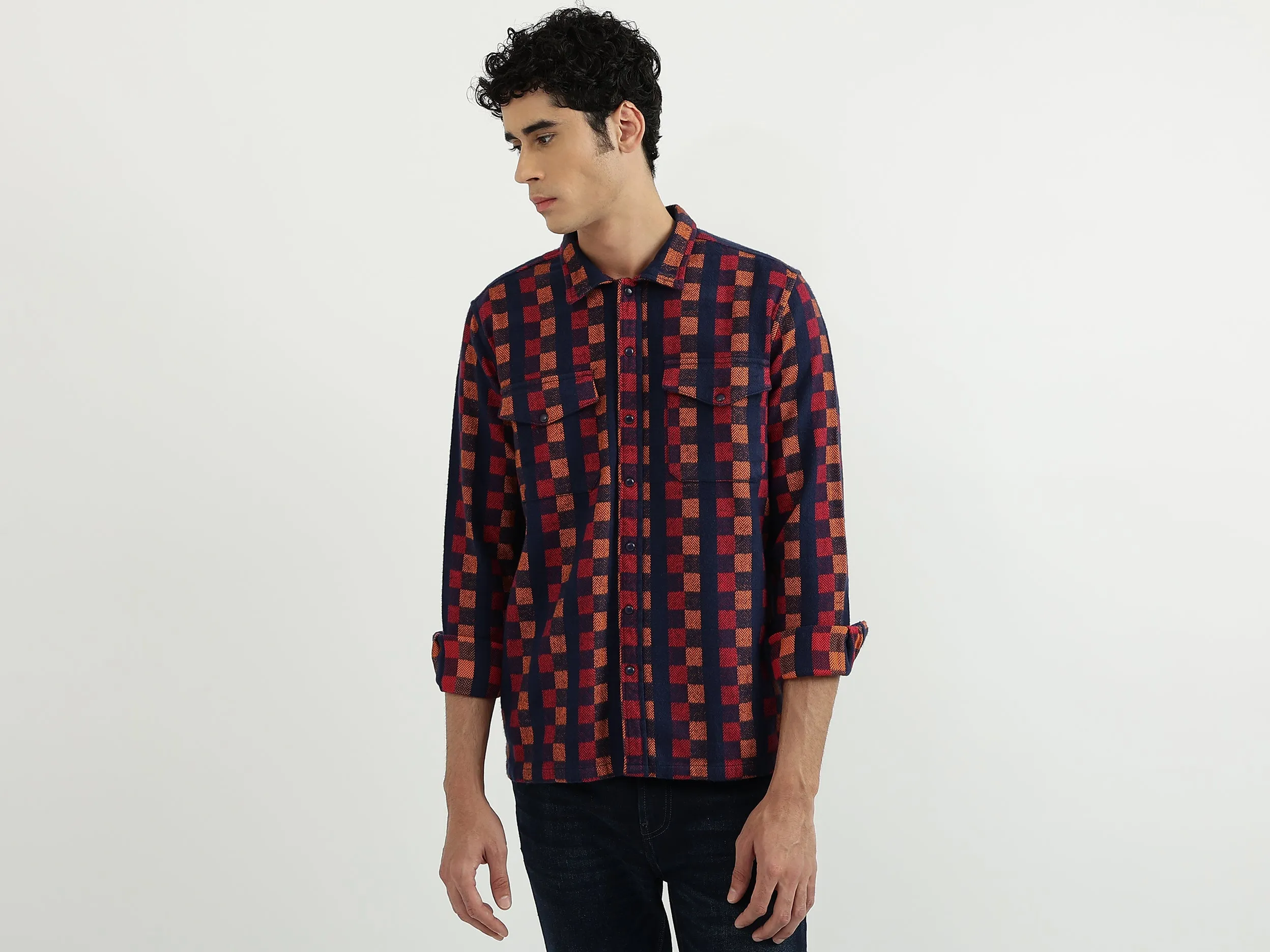 Men Check Spread Collar Shirt