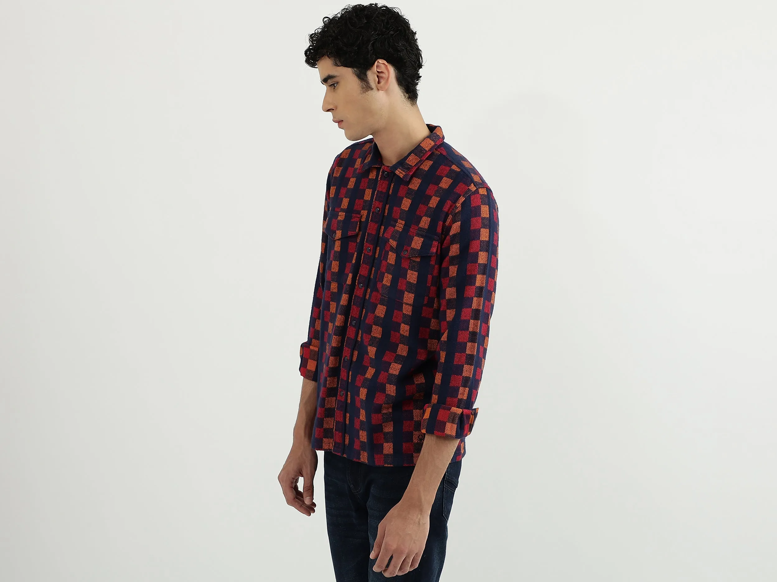 Men Check Spread Collar Shirt