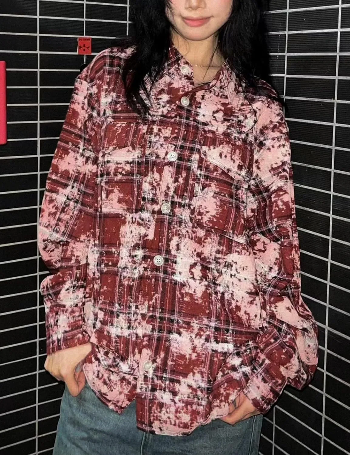 Men's Women's Oversized Cotton Button Down Flannel Shirts Long Sleeve Plaid Tie Dye Unisex Blouse Top