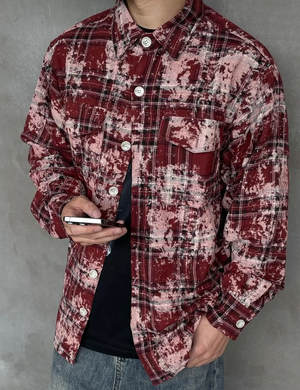 Men's Women's Oversized Cotton Button Down Flannel Shirts Long Sleeve Plaid Tie Dye Unisex Blouse Top