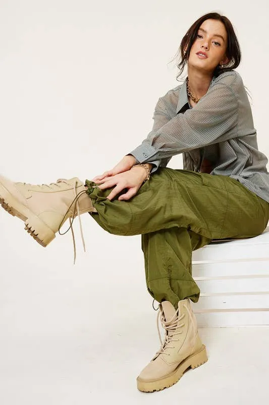 Mid Rise Cargo Jogger Pants With Adjustable Drawstrings Wisteria