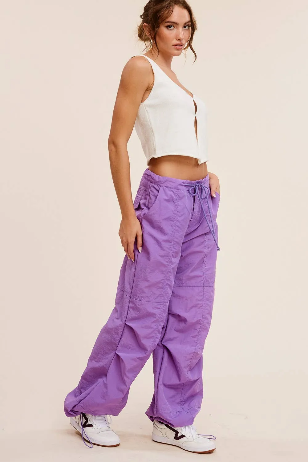 Mid Rise Cargo Jogger Pants With Adjustable Drawstrings Wisteria