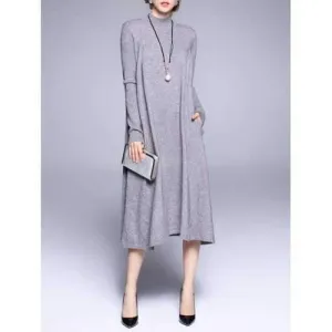 Mock Neck Sweater Dress with Pockets - Gray One Size