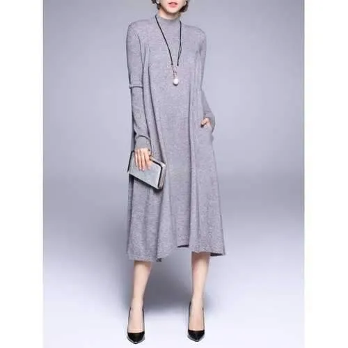 Mock Neck Sweater Dress with Pockets - Gray One Size