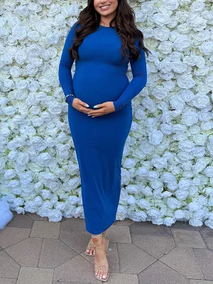 Momnfancy Elegant Fashion Blue Bodycon Solid Color Daily Casual Babyshower Maternity Maxi Dress