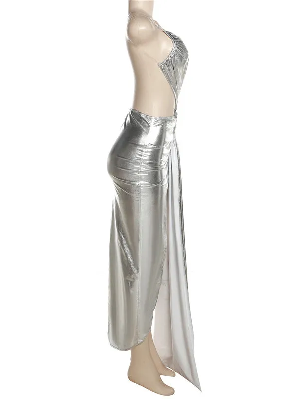 Momnfancy Elegant Silver Backless Irregular Oblique Shoulder Cutout Side Slit Side Draped Ruffle Party Babyshower Maternity Evening Maxi Dress