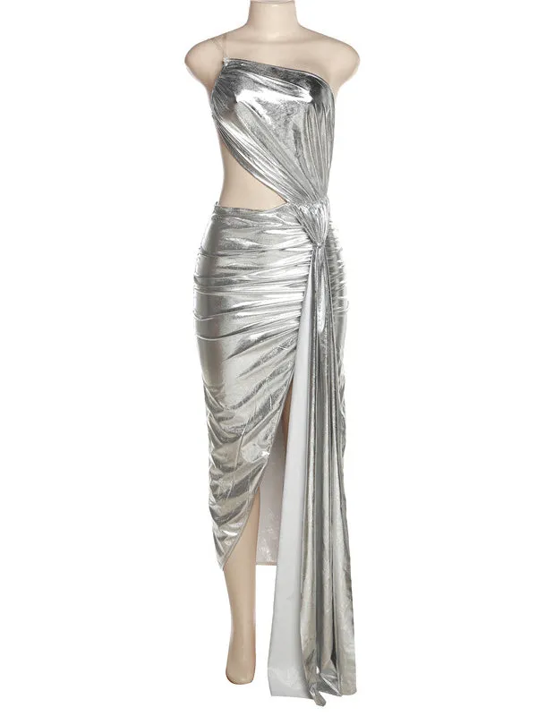 Momnfancy Elegant Silver Backless Irregular Oblique Shoulder Cutout Side Slit Side Draped Ruffle Party Babyshower Maternity Evening Maxi Dress