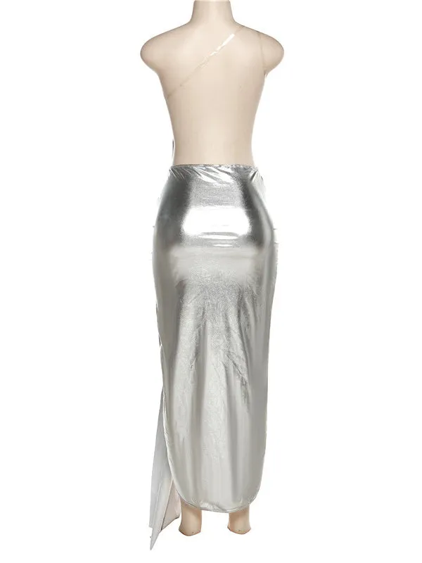 Momnfancy Elegant Silver Backless Irregular Oblique Shoulder Cutout Side Slit Side Draped Ruffle Party Babyshower Maternity Evening Maxi Dress