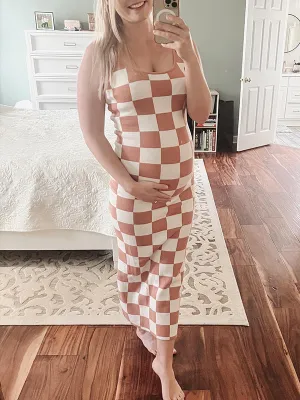 Momnfancy Spaghetti Strap U-Neck Plaid Bodycon Elegant Babyshower Maternity Maxi Dress