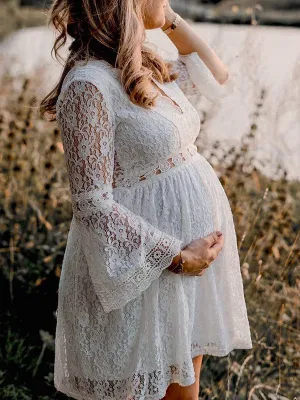 Momnfancy White Lace Ruched Big Swing Flare Sleeve Elegant Boho Photoshoot Maternity Mini Dress