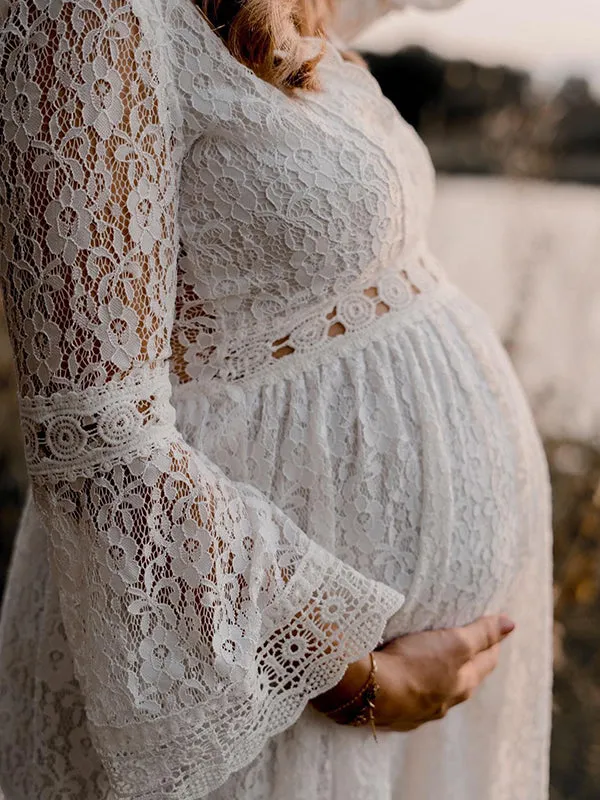 Momnfancy White Lace Ruched Big Swing Flare Sleeve Elegant Boho Photoshoot Maternity Mini Dress