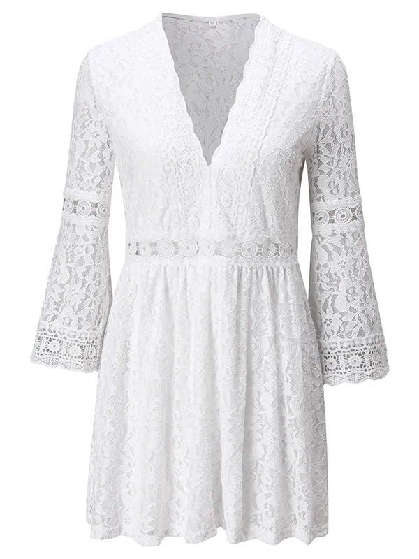 Momnfancy White Lace Ruched Big Swing Flare Sleeve Elegant Boho Photoshoot Maternity Mini Dress