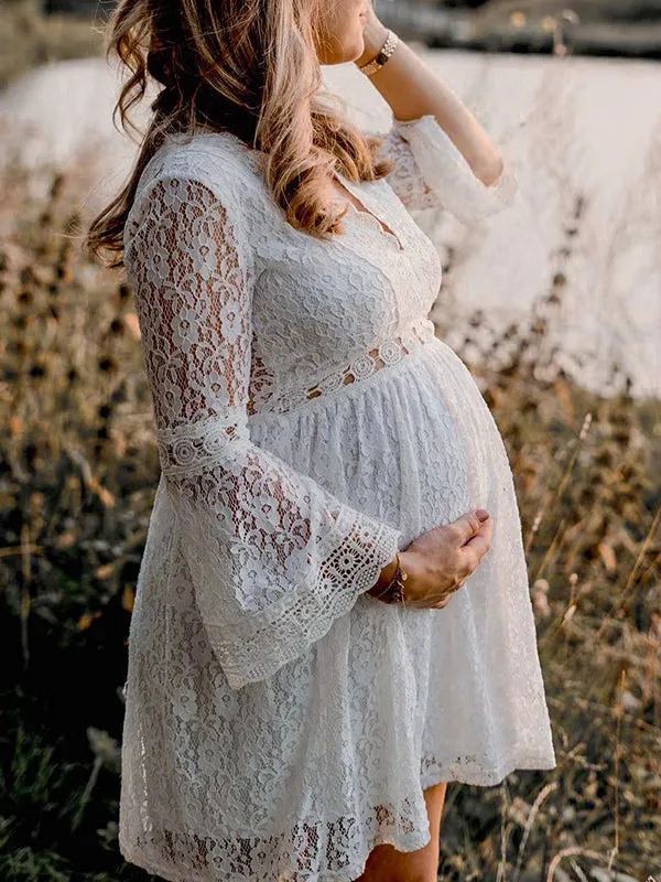 Momnfancy White Lace Ruched Big Swing Flare Sleeve Elegant Boho Photoshoot Maternity Mini Dress