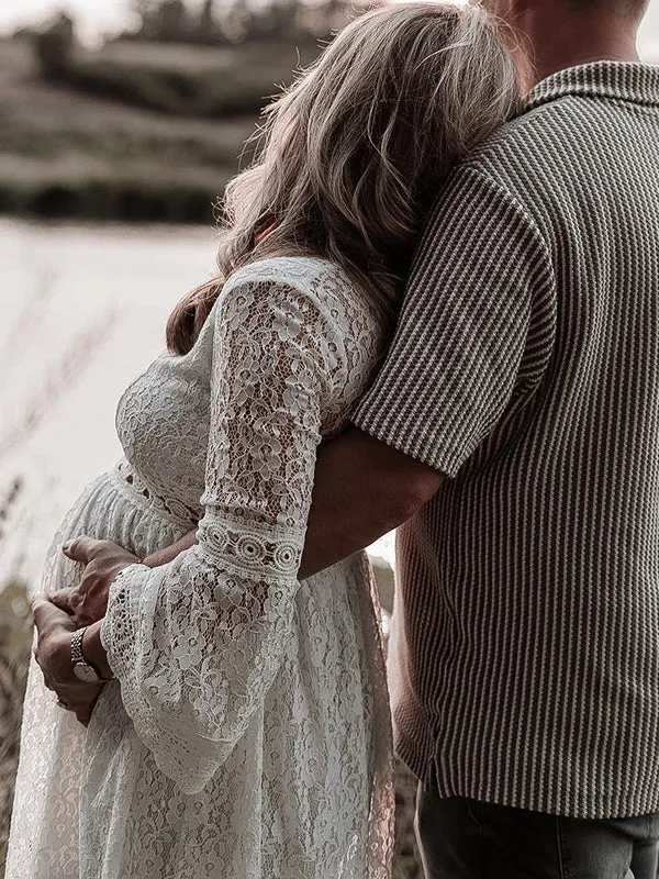 Momnfancy White Lace Ruched Big Swing Flare Sleeve Elegant Boho Photoshoot Maternity Mini Dress