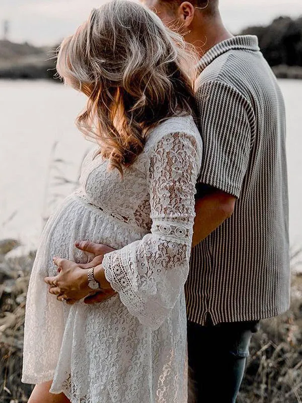 Momnfancy White Lace Ruched Big Swing Flare Sleeve Elegant Boho Photoshoot Maternity Mini Dress