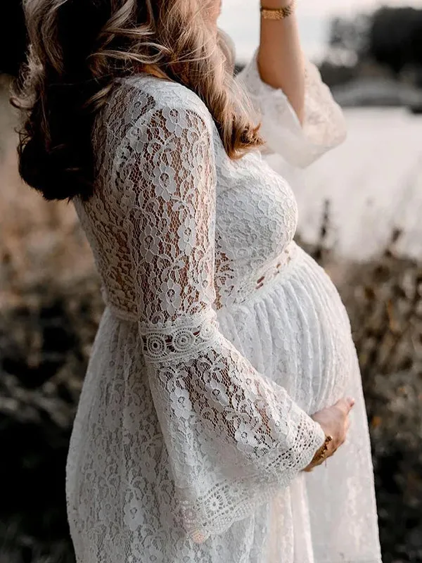 Momnfancy White Lace Ruched Big Swing Flare Sleeve Elegant Boho Photoshoot Maternity Mini Dress