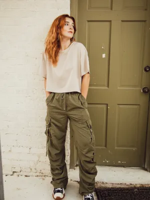 Moon River Wide Leg Ruched Bungee Cargo Pants - Olive