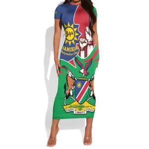 Namibia Independence Day Short Sleeve Bodycon Dress Coat Of Arms Curve Style LT14