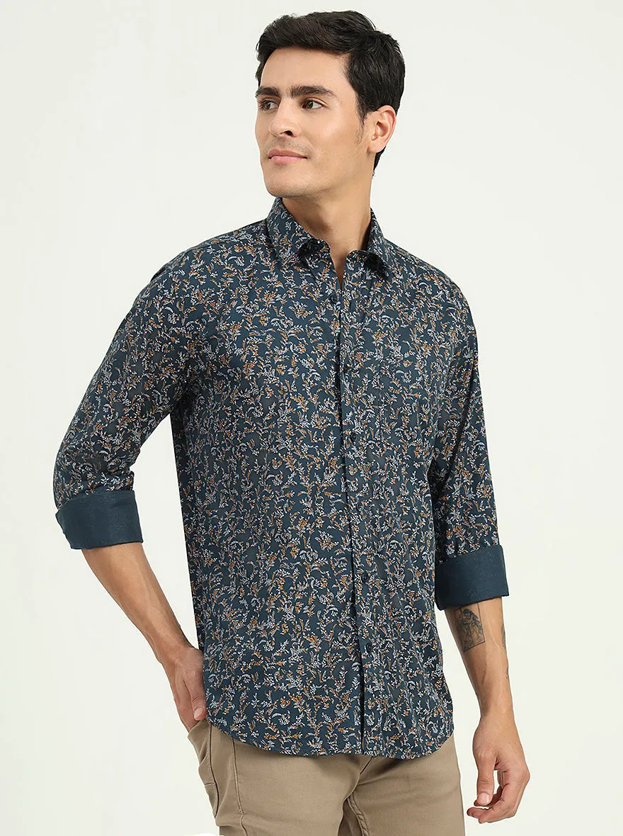 Navy Blue Printed Slim Fit Semi Casual Shirt | Greenfibre