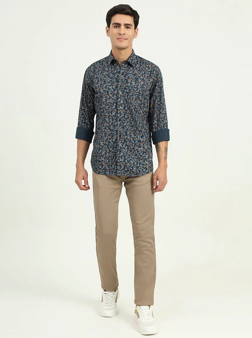 Navy Blue Printed Slim Fit Semi Casual Shirt | Greenfibre
