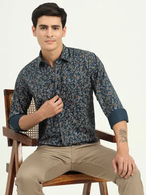 Navy Blue Printed Slim Fit Semi Casual Shirt | Greenfibre