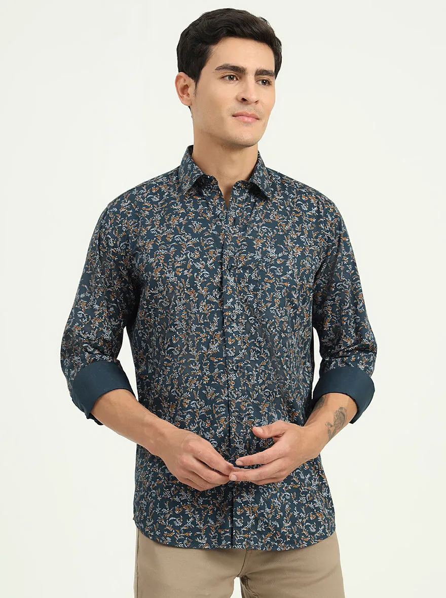 Navy Blue Printed Slim Fit Semi Casual Shirt | Greenfibre