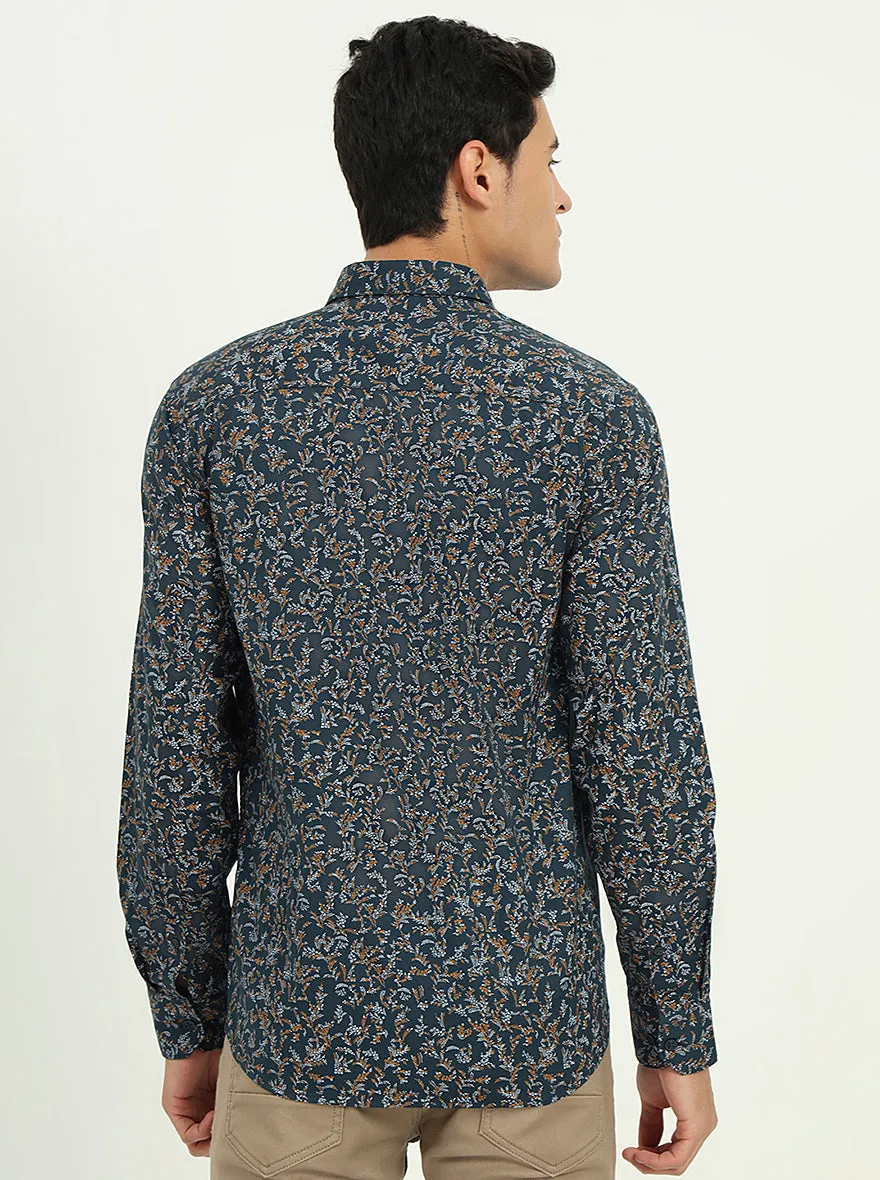 Navy Blue Printed Slim Fit Semi Casual Shirt | Greenfibre