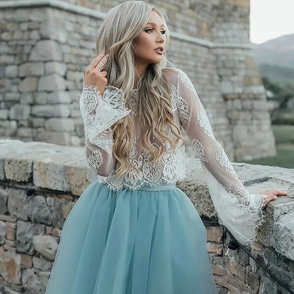 New Arrival Boho Style Long Sleeve See Through Lace Top Blue Tulle Homecoming Dresses, TYP0513