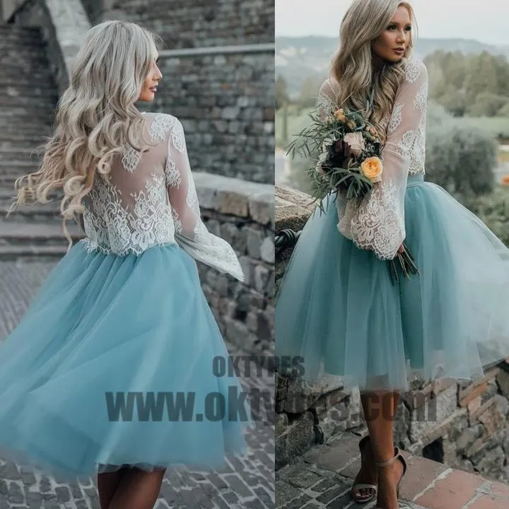 New Arrival Boho Style Long Sleeve See Through Lace Top Blue Tulle Homecoming Dresses, TYP0513