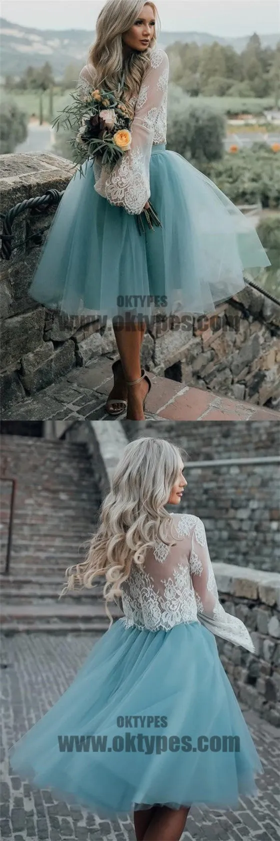 New Arrival Boho Style Long Sleeve See Through Lace Top Blue Tulle Homecoming Dresses, TYP0513